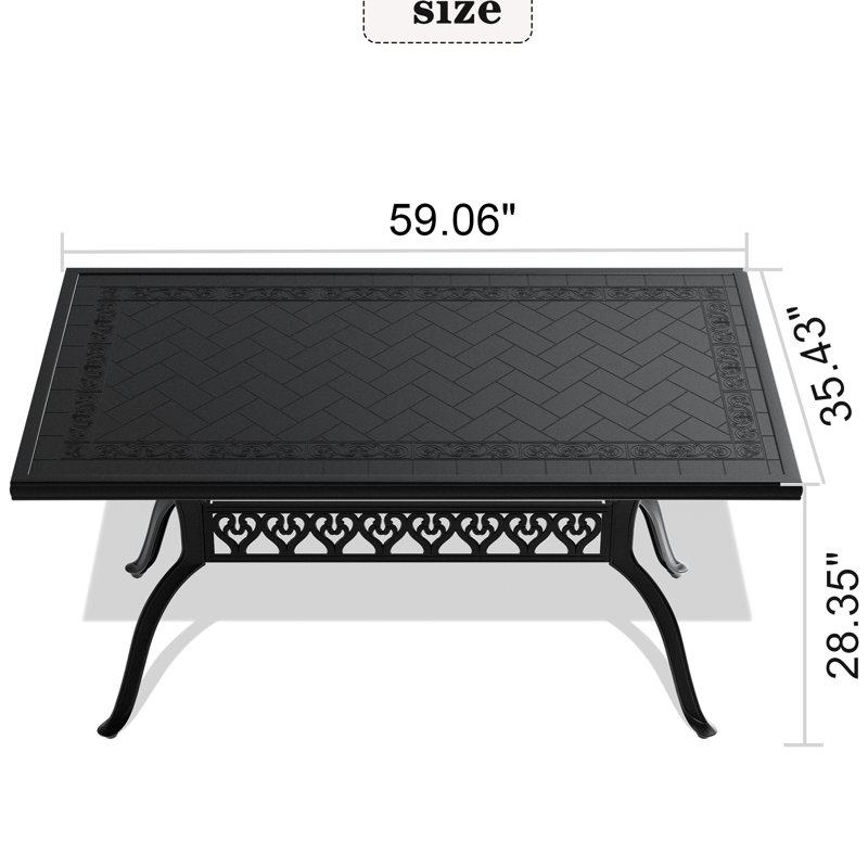 Table de salle à manger d'extérieur en aluminium moulé - 6 couverts, structure noire, forme rectangulaire, surface résistante à la corrosion, peut accueillir jusqu'à 6 personnes.