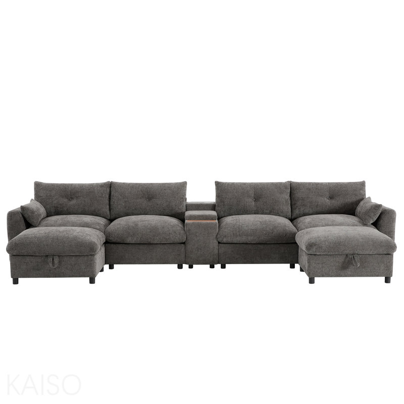 [Vidéo] Canapé modulaire modulaire de 136 po avec console, porte-gobelet, chargeur USB, repose-pieds de rangement mobile, conception à tirette et capitonnée, canapé en chenille surdimensionné en forme de U pour salon et appartement, 2 couleurs
