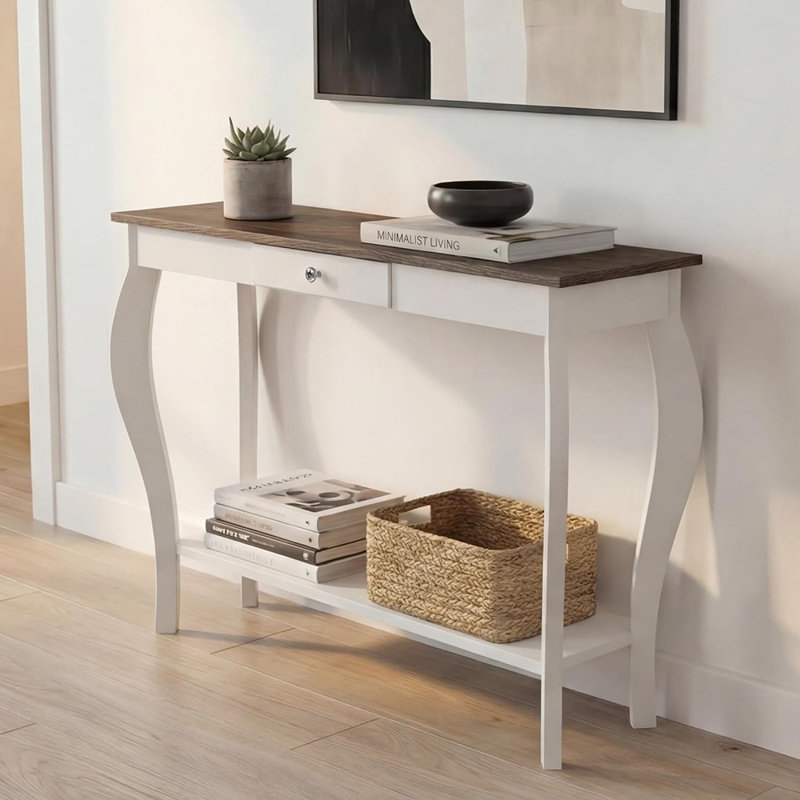 Console étroite de style champêtre avec tiroir pour entrée, table d'appoint rustique pour couloir, blanc doux