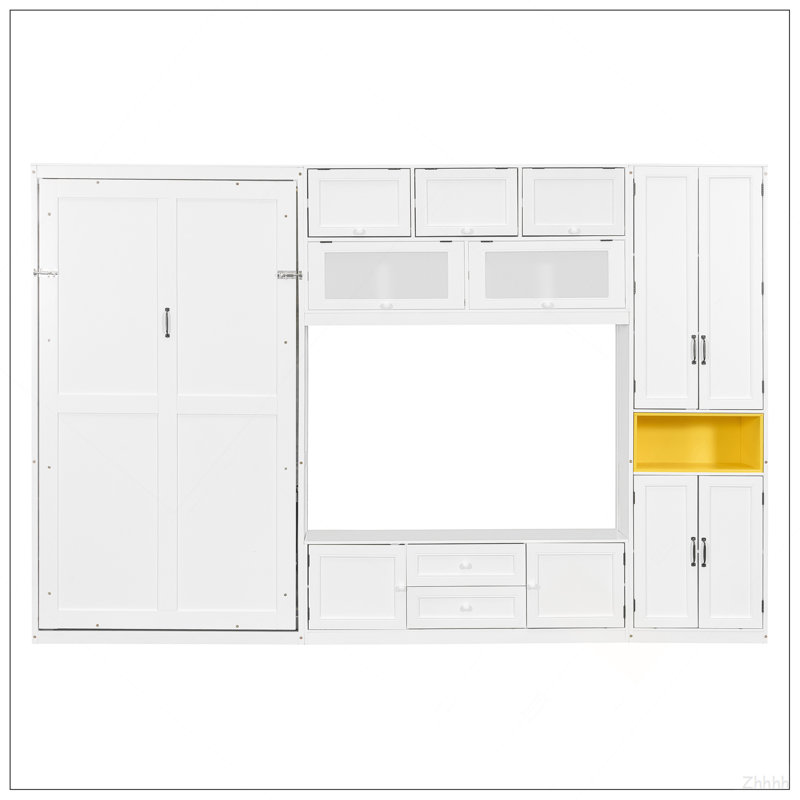 Lit escamotable simple en bois avec meuble télé, 2 tiroirs, tablettes et armoires, blanc, White