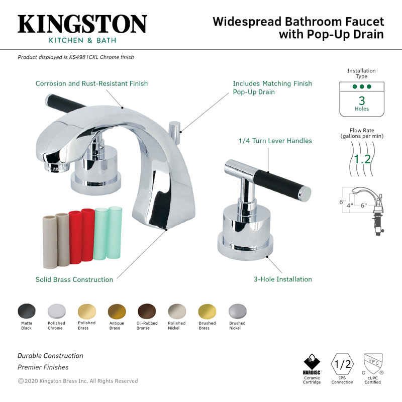 Kingston Brass Kaiser Two-Handle 3-Hole Deck Mount Widespread Bathroom Faucet with Brass Pop-Up Drain, Polished Nickel