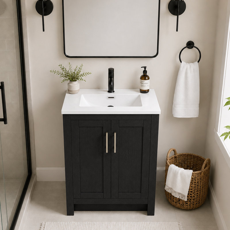 Ensemble de meuble-lavabo simple 24 po avec lavabo en céramique, noir, bois massif, Noir, 24"