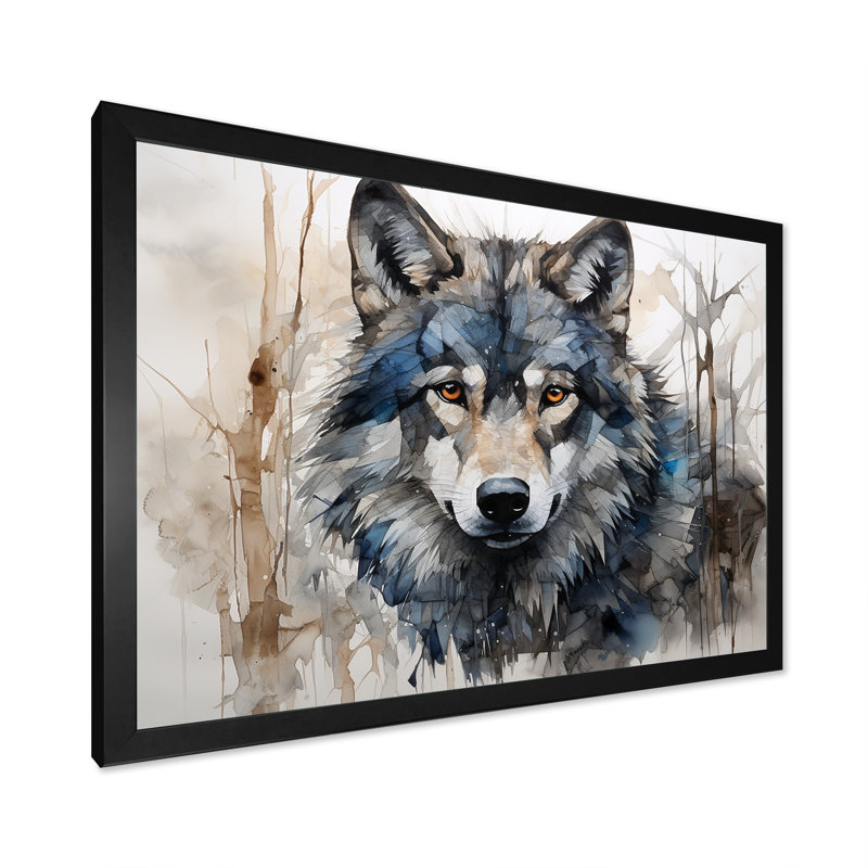 Minimalisme bleu et gris, expression du loup sur toile - loup, H 34 po x l 44 po x P 1,5 po, Cadre simple noir