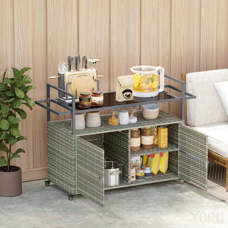 Table de bar d'extérieur en osier avec tablette à 2 niveaux et armoire, gris mélangé