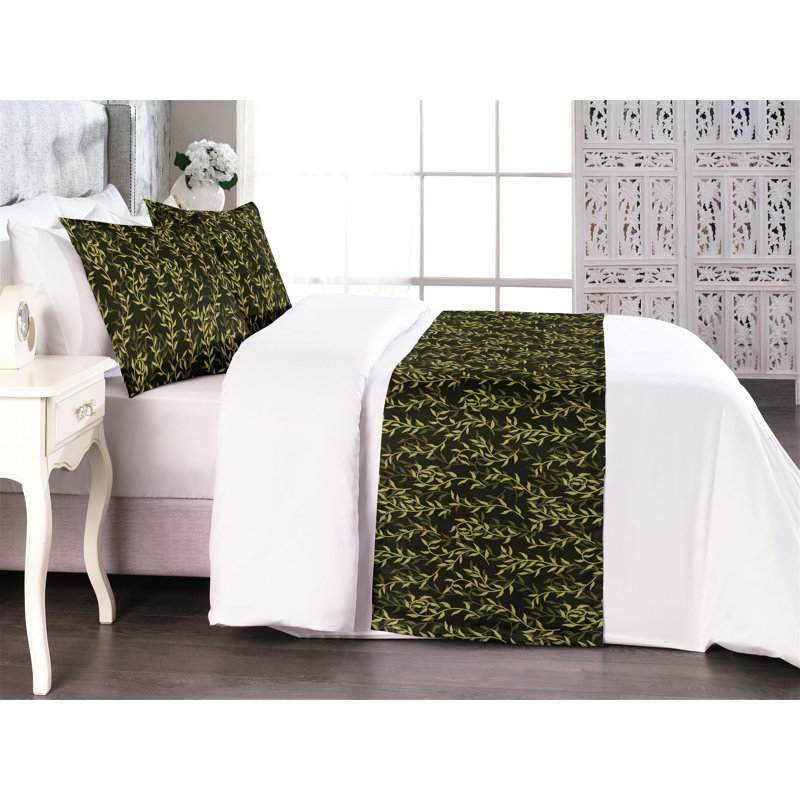 Ambesonne Forest Bed Runner Set Minimalist Branches Leaves  Pale Green and Evergreen, King