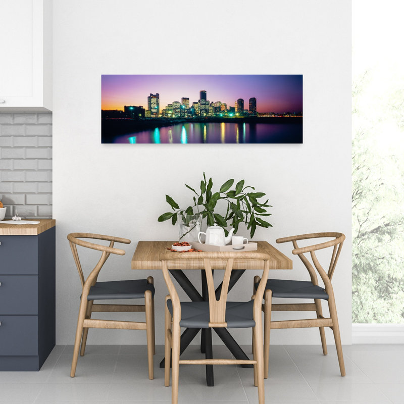 Buildings Lit Up At Dusk Boston Suffolk County Massachusetts USA by Mark Segal - Wrapped Canvas Panoramic Print