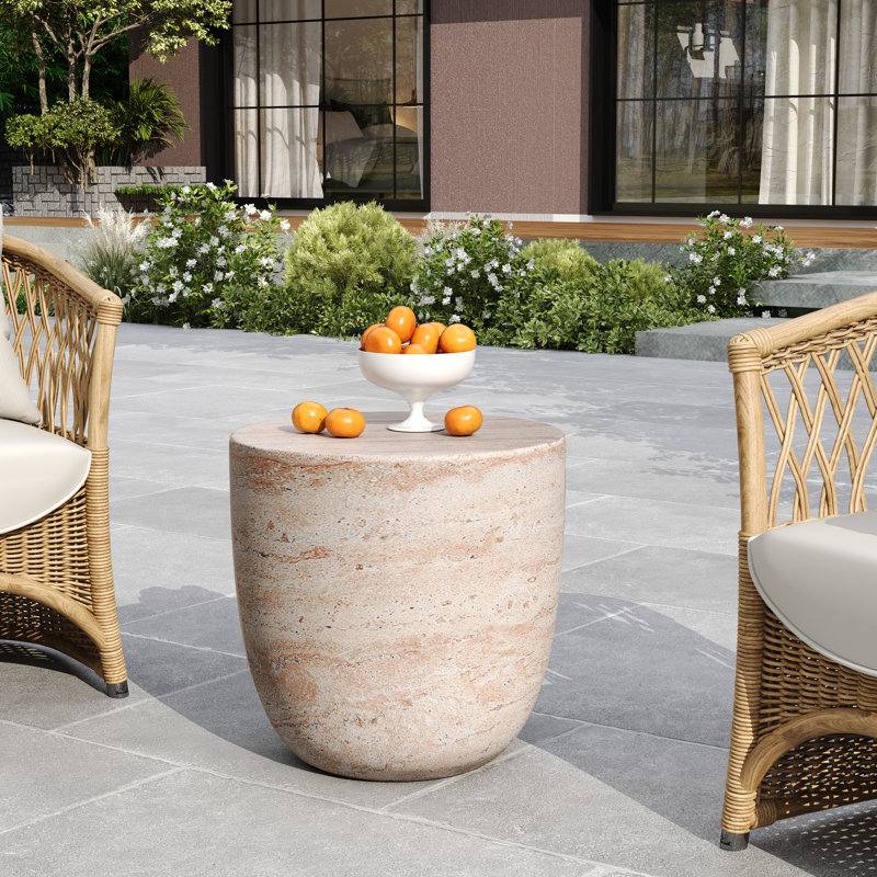 Light Weight Concrete Outdoor Side Table With Graceful Barrel Structure, Travertine