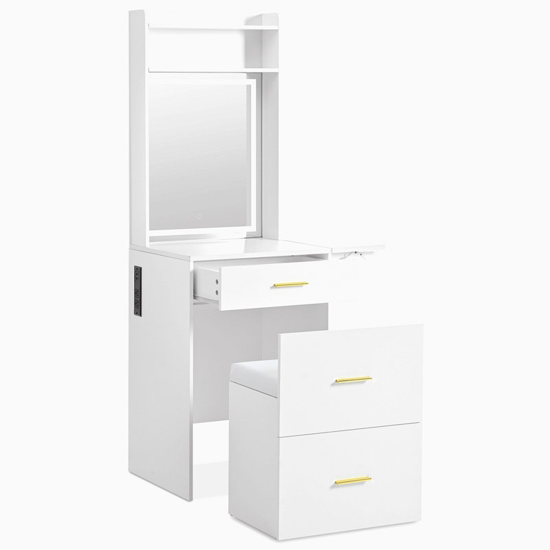 Petit meuble-lavabo avec miroir et lumière, coiffeuse avec station de charge et panneau rabattable pour les petits espaces, ensemble de coiffeuse à maquillage compact avec tabouret caché pour la chambre à coucher