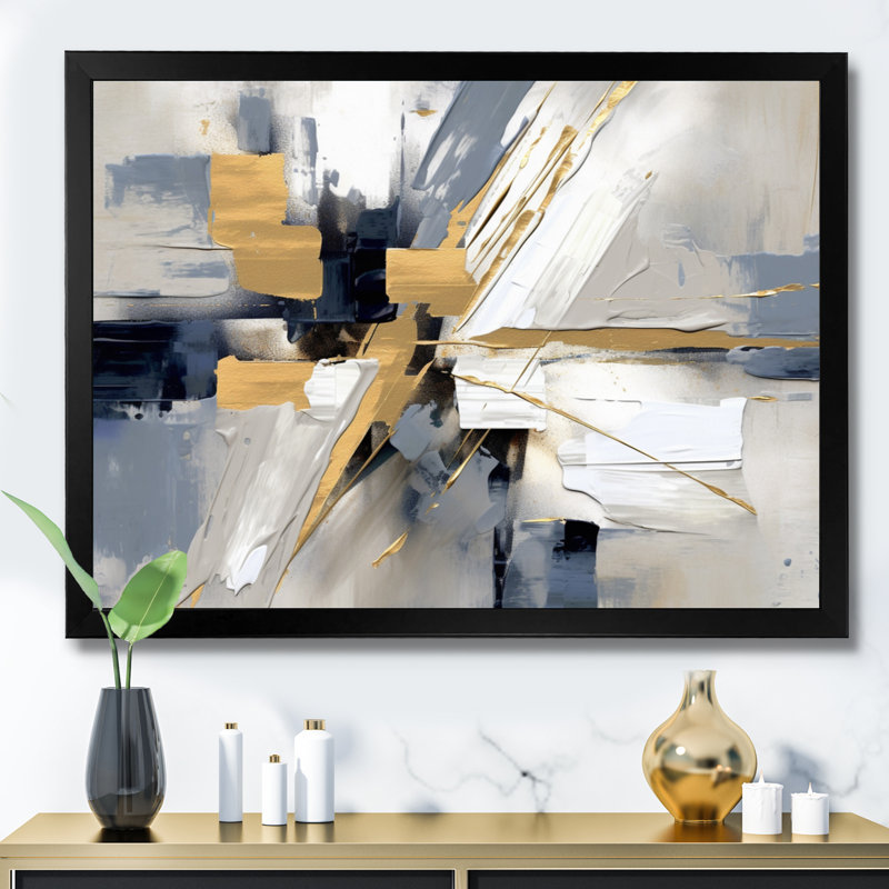 «Grey and Gold Transcendent Impressions I», art sur toile à formes abstraites, Cadre simple noir, H 16 po x l 32 po x P 1 po