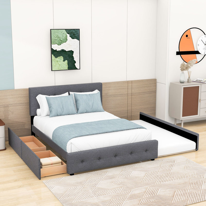 Lit plateforme tapissier grand avec 2 tiroirs et gigogne simple TG Filicity, Gris foncé