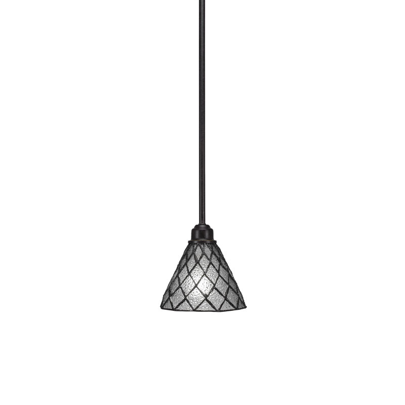 Blacksmith Stem Hung Mini Pendant Shown in Painted Wood-look Metal & Dark Granite Finish With 7" Diamond Ice Art Glass