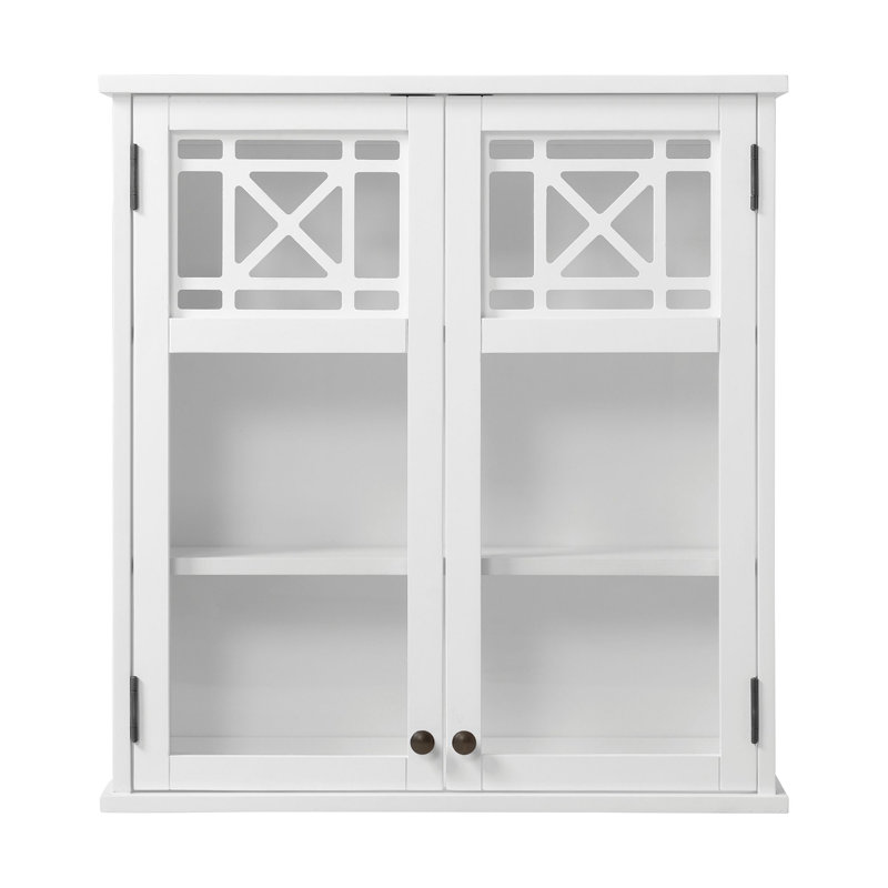 Derby Bathroom Wall Cabinet with Fretwork Glass Doors – White Wood Storage Cabinet with Adjustable Shelves – Over-the-Toilet Organizer for Bathroom, Laundry, or Powder Room by Alaterre Furniture