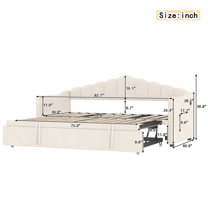 Upholstered Twin Size Daybed With Adjustable Height Pop Up Trundle Twin Bed And USB & Type-C Charging Port, Day Bed Frame With 2 Side Pockets, No Box-Spring Needed
