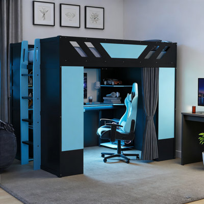 Full Loft Bed With Lighted Computer Desk, Keyboard Tray, Storage Shelves And Blackout Curtain