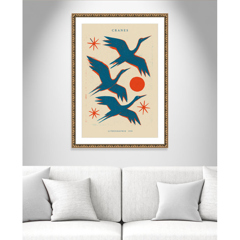 «Cranes» par Treechild, L 30,5 po x H 42,5 po, Matted Print, Gold Leaf Beads