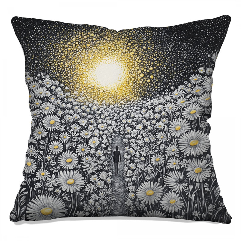 Homme qui marche à travers les marguerites Coussins décoratifs à double face, 26 po x 26 po