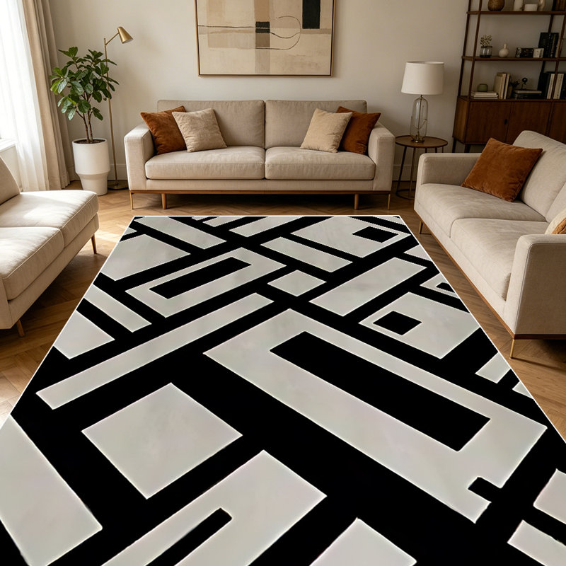 1PC Geometric Abstract Black Beige Maze Pattern area rugs for Living Room, Soft and Comfortable, Suitable for all seasons, easy-to-maintain, machine washable Indoor floor mat, Under Table Farmhouse suitable for dining room, entryway, bedroom, home