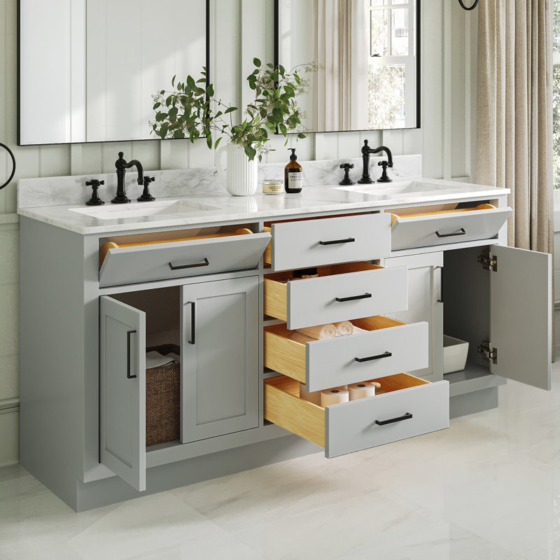 Jameal 72' Solid Wood Double Bathroom Vanity with 0.75' Carrara Marble Top, Gris, Forme rectangulaire