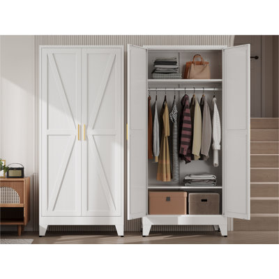 71-inch metal wardrobe, closet with hanging rods for clothes, double doors with two adjustable shelves, bedroom wardrobe, laundry room cabinet, wardro by Wrought Studio
