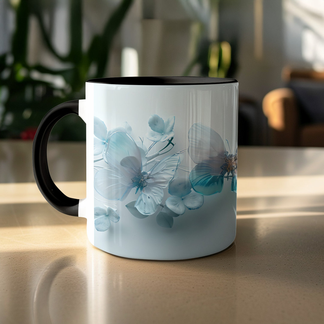 Set of 3 Butterfly Design 11oz Accent Mugs – White Ceramic Coffee Cup with a Black Handle and Interior