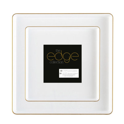 COMBO SET The Edge Collection 10.75inches & 7.75inches Square White With Gold Rim Plastic Dinnerware