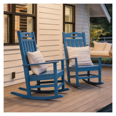 Set of 2 Dark Blue HDPE Outdoor Rocking Chairs - Oversized Patio Garden Seating with Weather-Resistant Finish