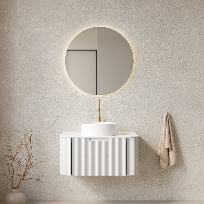Meuble-lavabo 30 po, armoire de salle de bain en contreplaqué rayé à bords arrondis avec tiroir, lavabo rond en céramique blanche et plateau en pierre frittée, pré-assemblé, couleur blanche