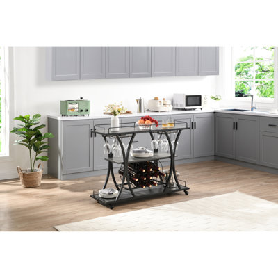Chariot-bar mobile industriel pour la cuisine à domicile, rangement à 3 niveaux, 11 bouteilles et 16 verres à vin, noir et gris, chariot de cuisine facile à installer, support, cadre en fer, solide jusqu'à haut