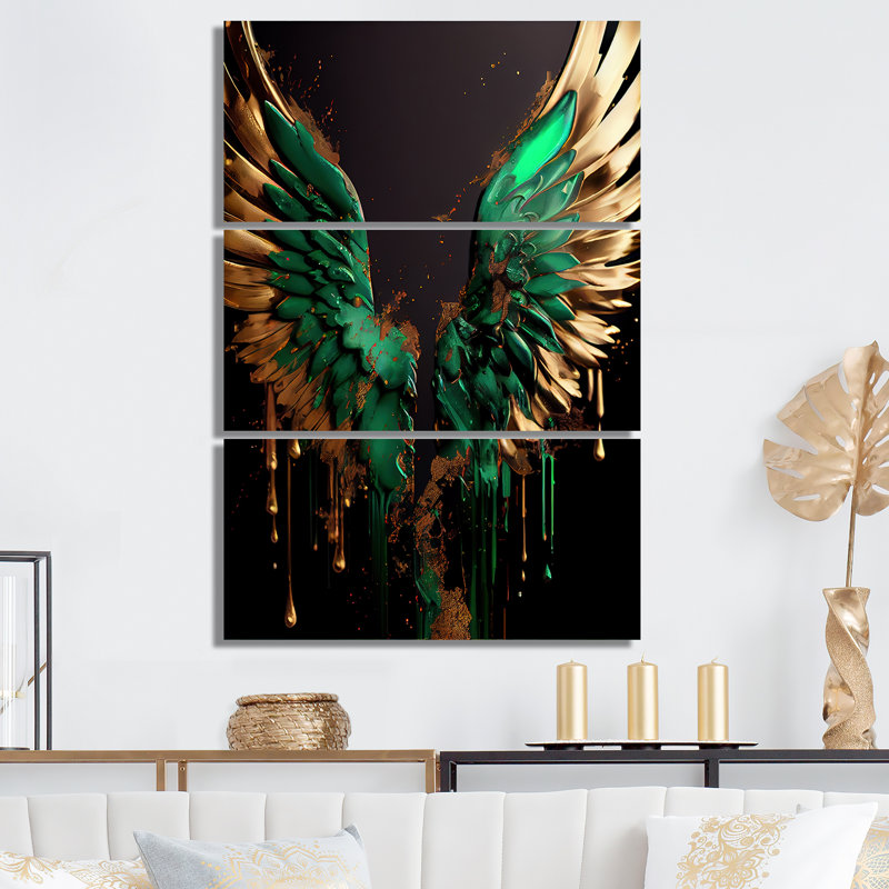 Ensemble d'illustrations murales sur toile vert et or Angel Wings I - Wings Angel, H 36 po x l 28 po x P 1 po