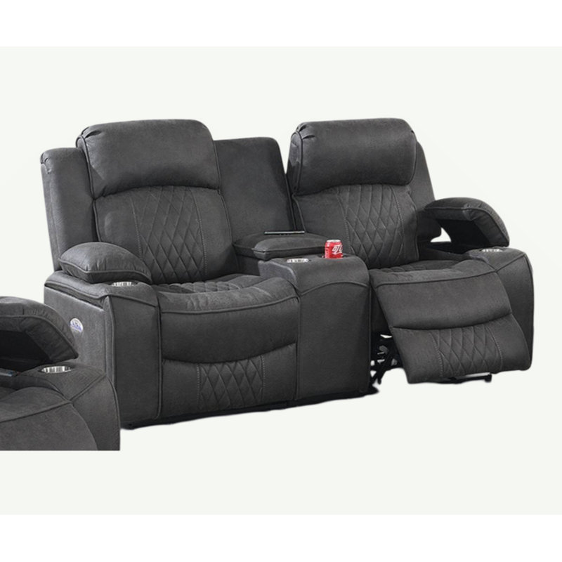 Power Motion Loveseat 1Pc Contemporary Charcoal Gel Leatherette Storage Arms W Cup Holder Living Room Furniture