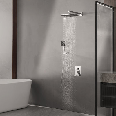 Polished Chrome Single-Handle Three-Spray Rain Shower Square Shower Head High-Pressure Shower Faucet (With Valve)