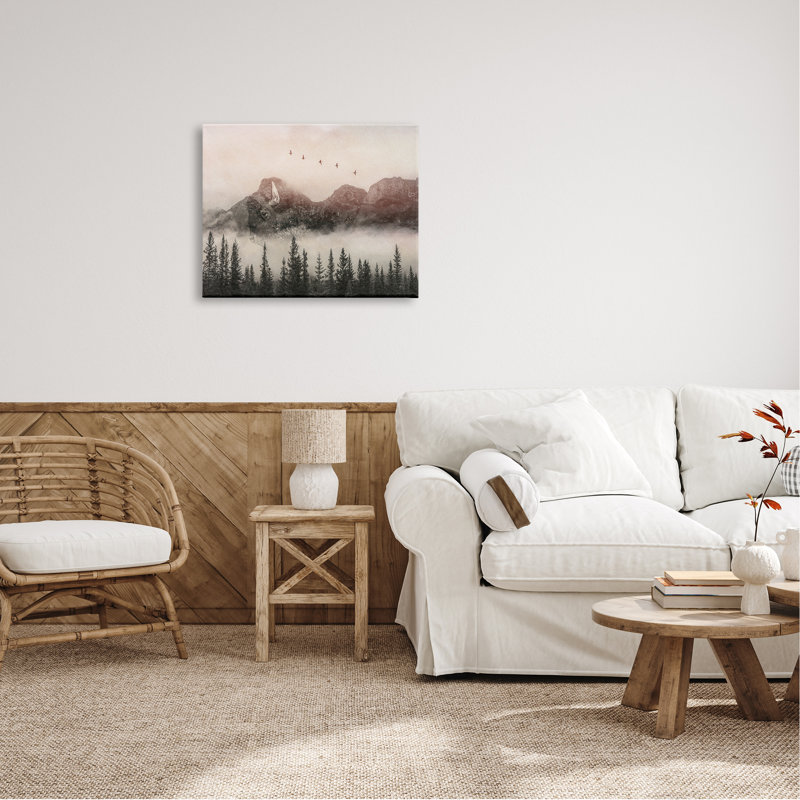 «Foggy Weather Mountain Landscape Birds Pine Trees» par Daniel Sproul - photographie, Plaque murale, L 20 po x H 20 po