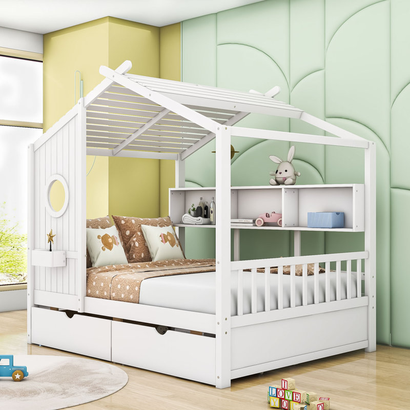 Wood Daybed with 2 Drawers and Shelves, White, Full / Double