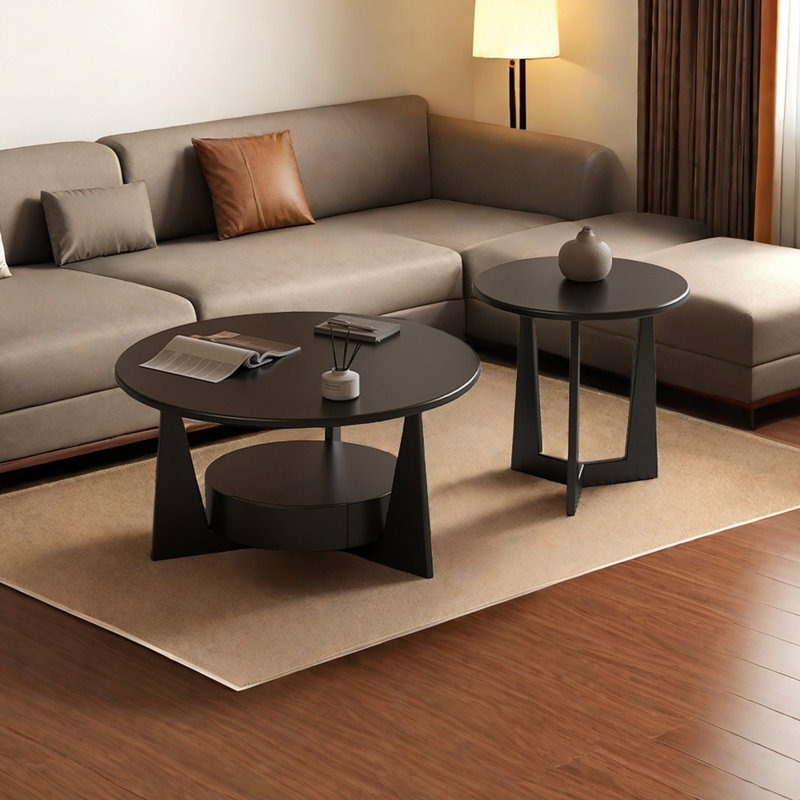 Round Coffee Table Set with Pine Wood, Black