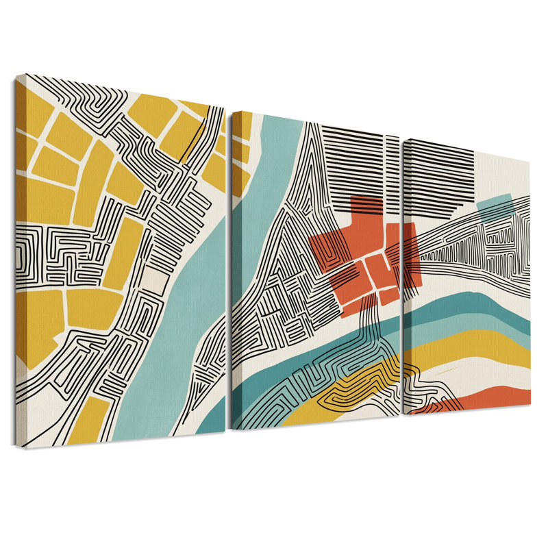 Carte de ville stylisée, ensemble de 3 toiles murales moutarde et turquoise, 30"H x 20"W x 3pcs