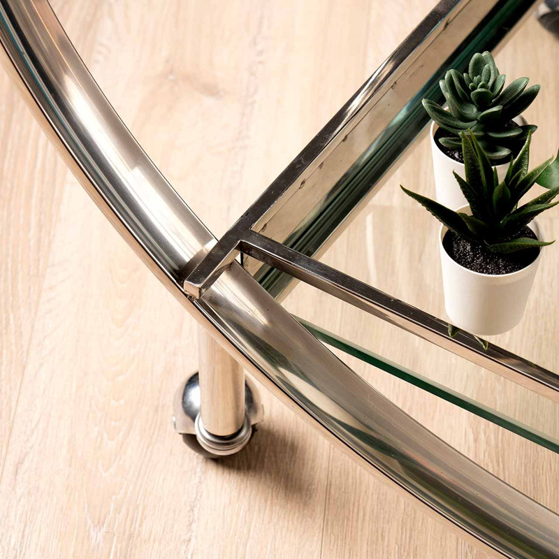 96cm 2 Tier Tea Wine Serving Bar Cart, Metal Kitchen Drinks Trolley on Wheels with Glass Shelf, Silver