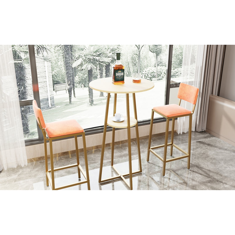 -piece bar table and chair set with gold frame, storage table, sponge cushions, beige and orange upholstery