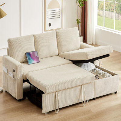 Sectional Sleeper Sofa Bed With Pull Out, Reclining Backrest, Reversible Storage Chaise, Usb Ports, Tool - Free Assembly-Cwcsar