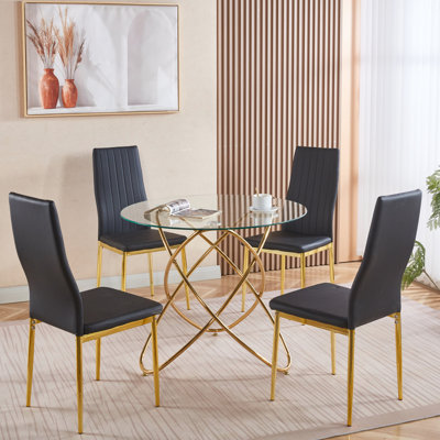 Table Mid-Century 1 + 4, 5 pièces, table à piédestal pour 4 à 6 personnes, style innovant, design exquis, noir et or, métal en verre tendance,