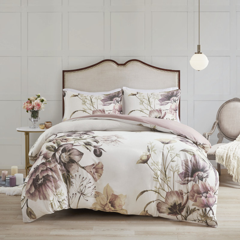 Cassandra 3 Piece Cotton Duvet Cover Set, Blush, Full/Queen Duvet Cover + 2 Standard Shams