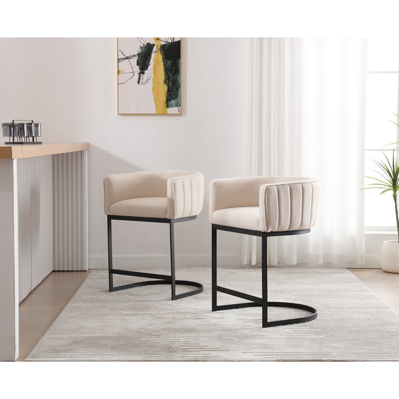 Naysharn Upholstered Counter Stool with Metal Frame, Beige Linen, Black, 2