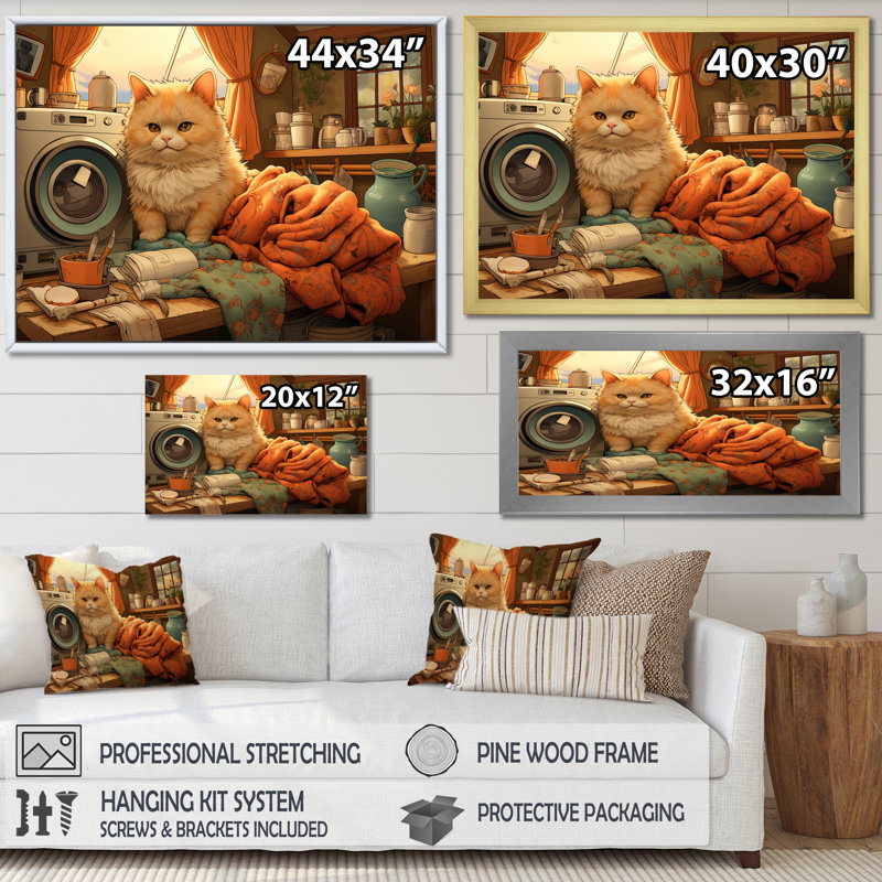 «Cat Fluff Fold Laundry 2» - Art mural, H 32 po x l 24 po x P 1 po, Toile tendue