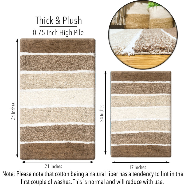 Ensemble de 2 tapis de bain à rayures antidérapants 100% coton Cervantes, Moka, 21 po x 34 po / 17 po x 24 po