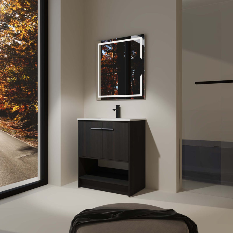 Bathroom Vanity With Ceramic Sink, Dark Oak, Silver