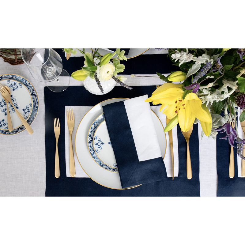 Contempo - 100% Pure Linen Dinner Napkins, Navy/White