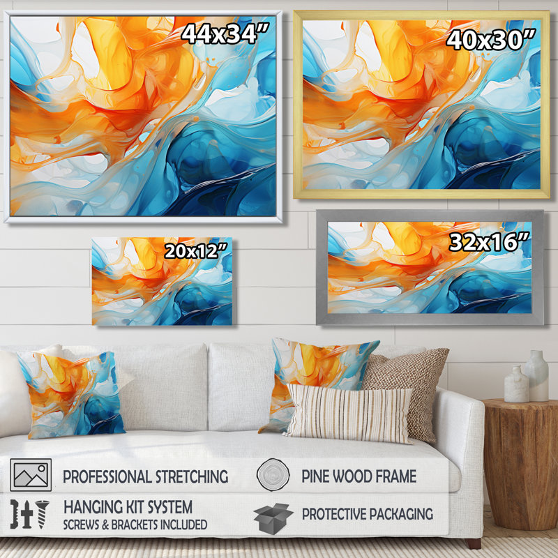 Orange orange, vagues bleues atteignant la plage II - encre liquide, art abstrait mural, Cadre flottant noir