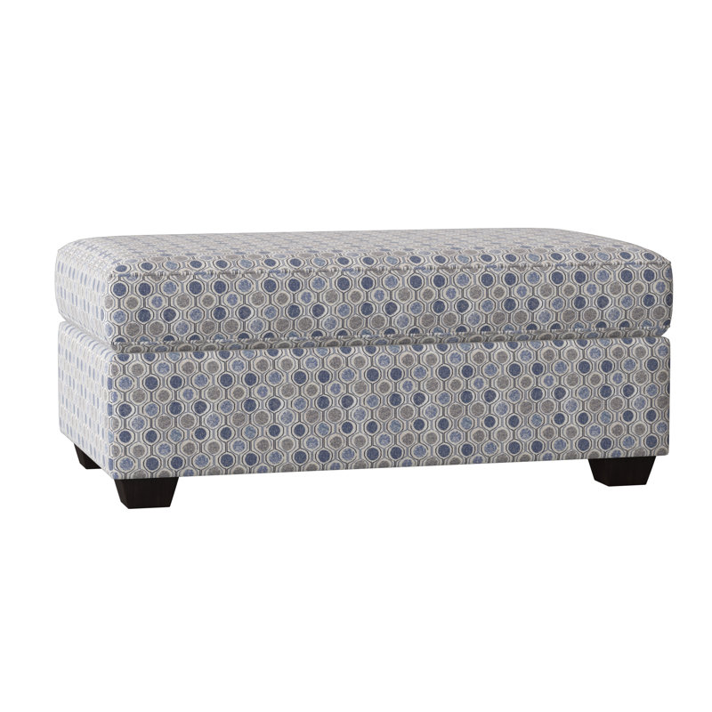 Upholstered Cotton and Polyester Blend Storage Ottoman, Smokey Blue Multicolored Performance, Espresso