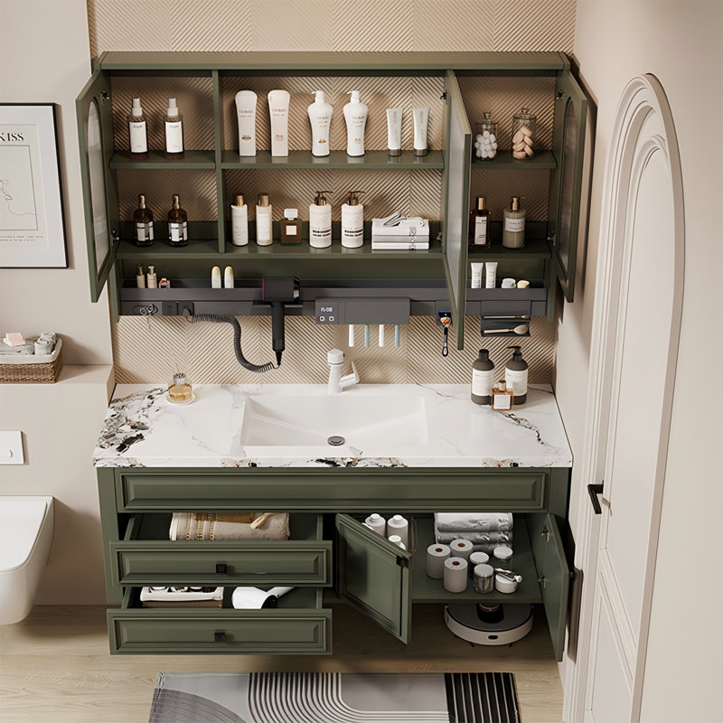 Meuble-lavabo mural 51,18 po en bois d'hévéa avec miroir, 52"