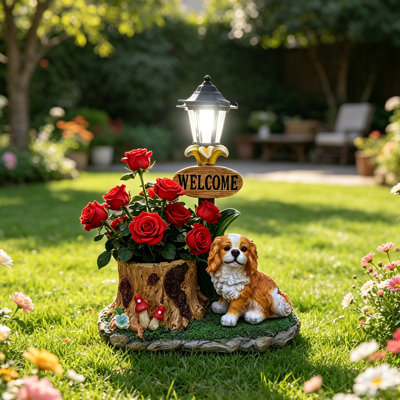 Statue de chien chien avec lanterne solaire et jardinière décorative pour patio
