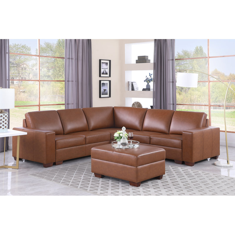Bucurel Upholstered Sectional，Brown Genuine Cow Leather Leather 5-Piece Living Room Sofa Set, Brown Genuine Leather